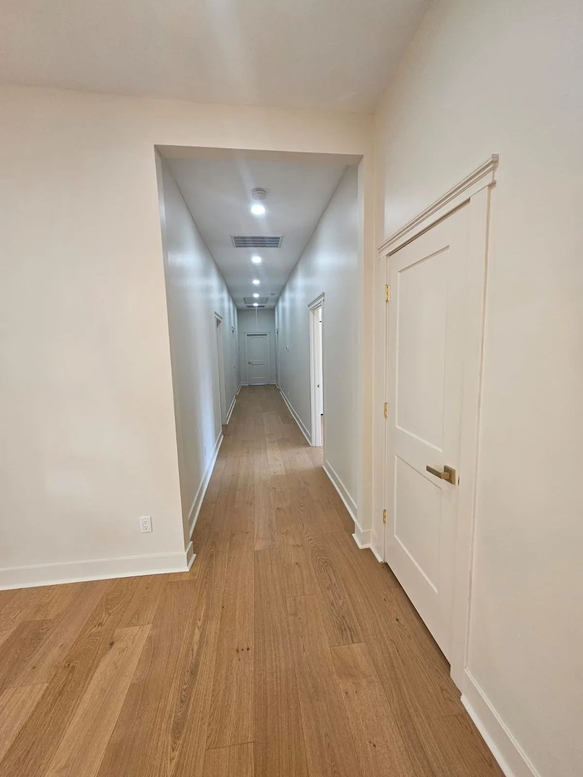 Hallway with warm plank flooring, white trim and light painted walls